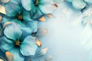 Pale Blue and Teal Flowers with Golden Highlights on a Soft Gradient Background