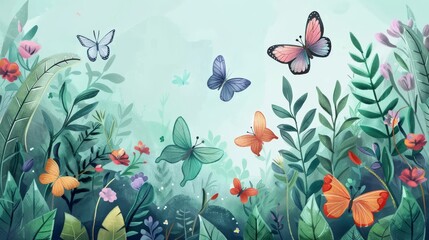Artistic illustration of a whimsical garden scene, featuring delicate butterflies fluttering among stylized plants and flowers. - obrazy, fototapety, plakaty