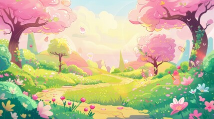 Obraz na płótnie Canvas An enchanting, candy-colored fantasy landscape with whimsical trees and flowers, portrayed in a vibrant and cheerful illustration.