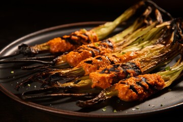 Food shot of grilled Calcots onions, resembling long blackened stems with subtle signs of grilling, accompanied by a glass of Romesco sauce for dipping - obrazy, fototapety, plakaty