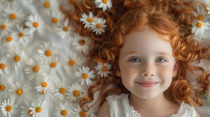 Fototapeta premium A young girl with red hair rests on a vibrant bed of daisies