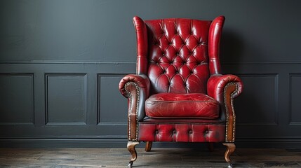 A red leather chair stands in a dimly lit room