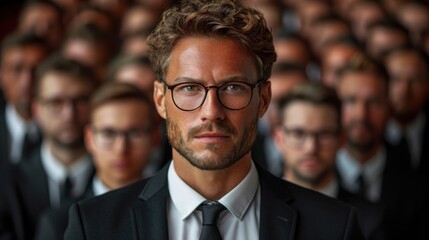 A man in a suit and tie stands in front of a group of other men - obrazy, fototapety, plakaty