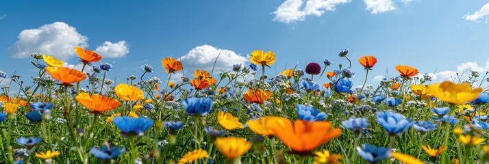 Fototapeta na wymiar Field filled with vibrant flowers under clear blue sky