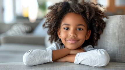 A young girl with curly hair comfortably seated on a sofa