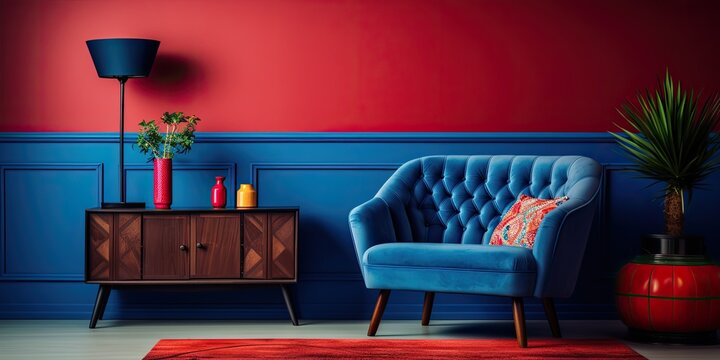 Colorful living room interior featuring a patterned carpet, red armchair, and navy blue settee, captured in a real photo.