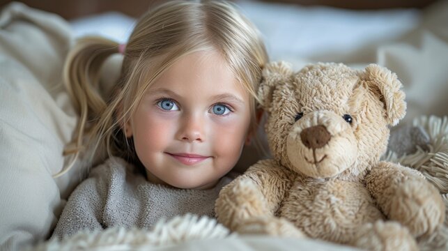 A young girl comfortably lying in bed with her teddy bear