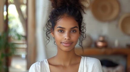 A young woman with a messy topknot hairstyle gazes directly at the camera - obrazy, fototapety, plakaty