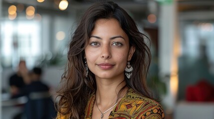 Obraz premium A woman with long hair and earrings standing in a room