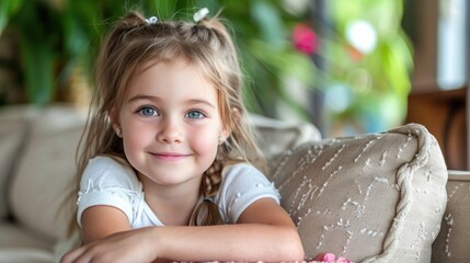 A young girl sitting on the backrest of a couch