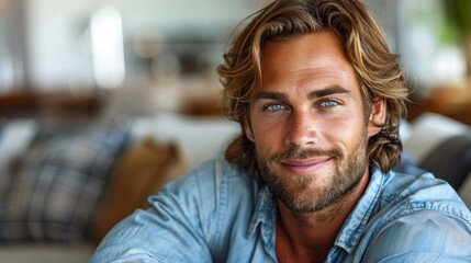 A man with long hair and a beard sitting on a couch