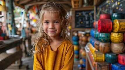 Young girl standing in front of a shop