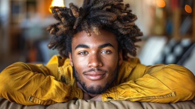 A man with dreadlocks is seated on a couch