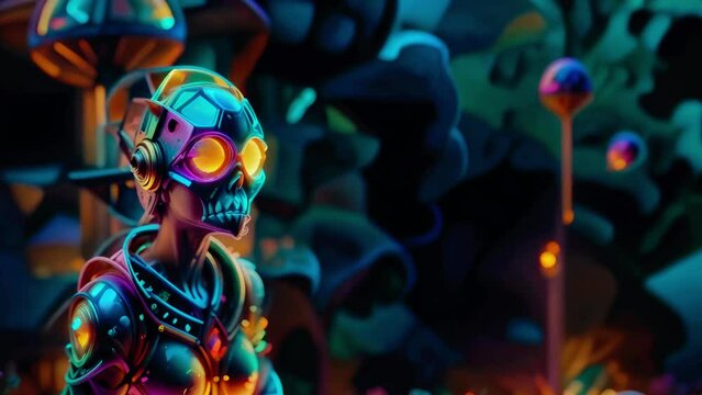 Mesmerizing VJ loop animation featuring a neon skeleton wearing a spacesuit and headphones, set against a colorful, futuristic background. Perfect for sci-fi events, electronic music visuals