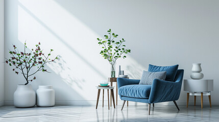 Blu armchair with green plant 