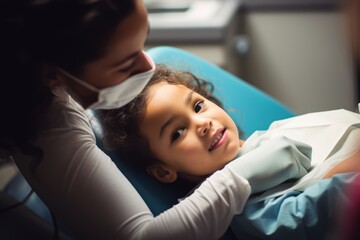 A moment of reassurance between a pediatric dentist and a child patient, a girl around 6 years old, of Hispanic descent, comforting her with a gentle touch while she sits apprehensive - obrazy, fototapety, plakaty