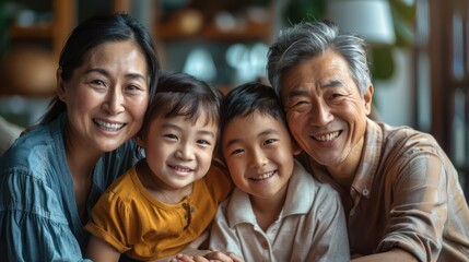 Medium shot of an Asian family showing joy and warmth