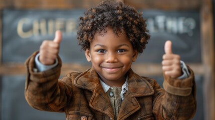 A young boy enthusiastically giving the thumbs up gesture