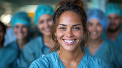 Fototapeta premium A woman in medical scrubs smiles at the camera
