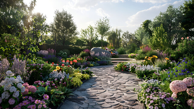 Stunning modern garden with elegant water features and stone paths. generative ai