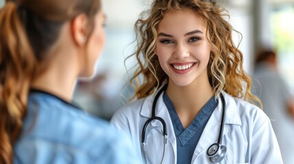 A woman in a doctors coat conversing with another woman - obrazy, fototapety, plakaty
