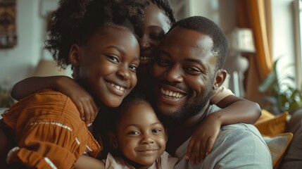 Medium shot of a Black family expressing joy and warmth in a cozy home. - obrazy, fototapety, plakaty