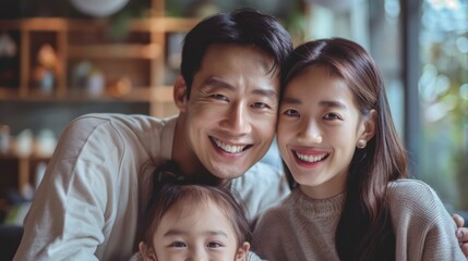 Fototapeta premium Medium shot of a joyful Asian family gathering in a snug, warm home,