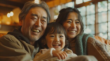 Fototapeta premium Medium shot of a joyful Asian family gathering in a snug, warm home,
