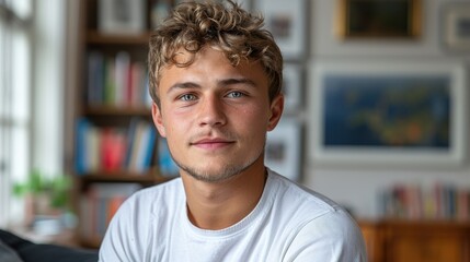 Obraz premium A young man sitting in front of a bookshelf filled with books