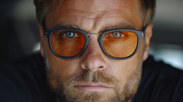 A detailed view of a person wearing glasses, showing intricate details