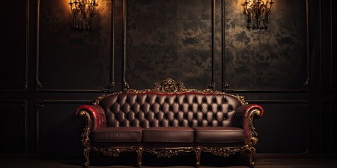 Opulent couch in dim room.