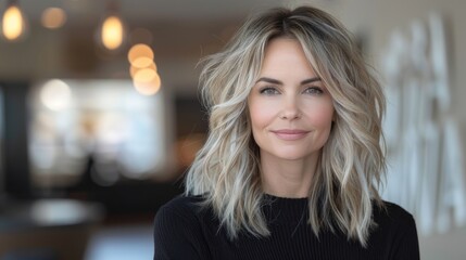 Obraz premium A woman with blonde hair wearing a black shirt
