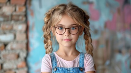 Young girl wearing glasses, standing against a wall - Powered by Adobe