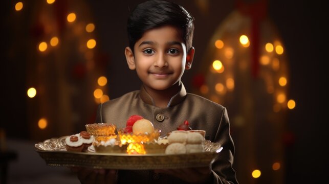 Happy Diwali Concept -  An indian young boy holding a tray filled with a variety of sweet treats in bokeh background.