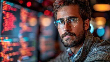 A man with glasses scrutinizing a wall filled with numerical data - obrazy, fototapety, plakaty