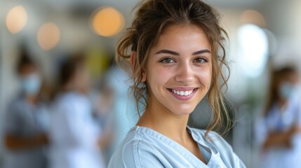 Obraz premium Female healthcare worker in scrubs smiling at the camera