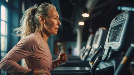 Fotobehang Energetic senior woman with grey hair jogging on treadmill in a gym, embodying active lifestyle. © thanakrit