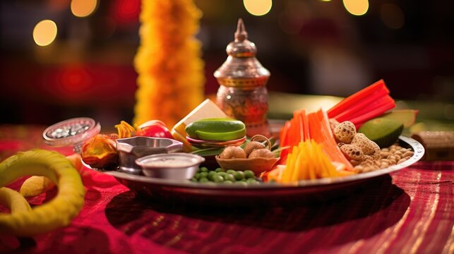 Close up Image of Foods with Worship Items on Plate During Indian Festival.