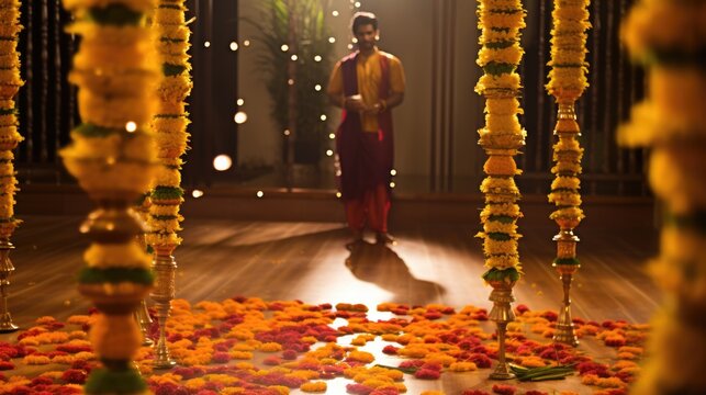 An Indian man walks through a decorative temple room with beautiful flowers on the occasion of Diwali Festival.