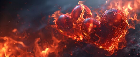 Three burning hearts ablaze with fiery passion and romance, perfect for Valentine's Day themes and emotional concepts - obrazy, fototapety, plakaty