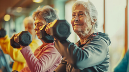 Senior women joyously lifting weights together in a gym, showing strength and vitality during a...