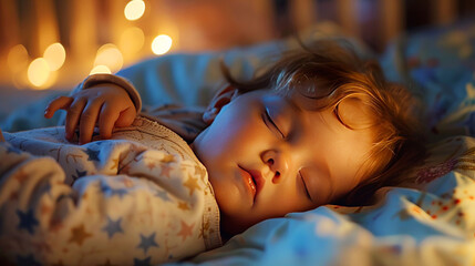 Toddler peacefully asleep in a cozy, dimly lit room, clutching a plush toy under warm golden lights. - obrazy, fototapety, plakaty