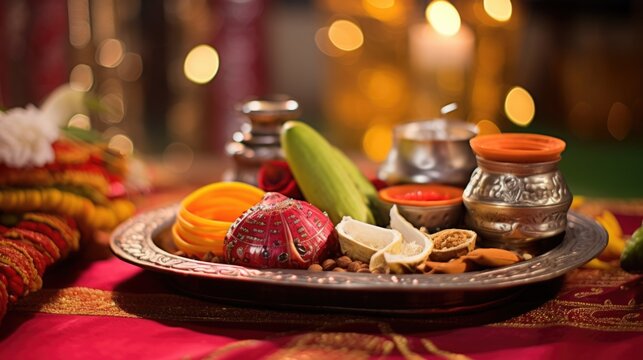 Close up Image of Foods with Worship Items on Plate During Indian Festival.