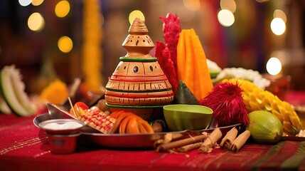 Close up Image of Foods with Worship Items on Plate During Indian Festival. - obrazy, fototapety, plakaty