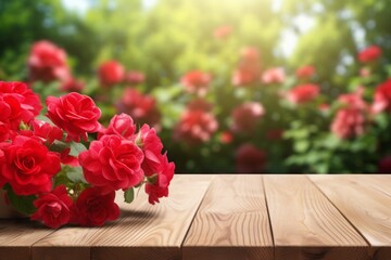 empty wooden table on a blurred background of a garden with blooming red roses. a mockup for the display of your product.