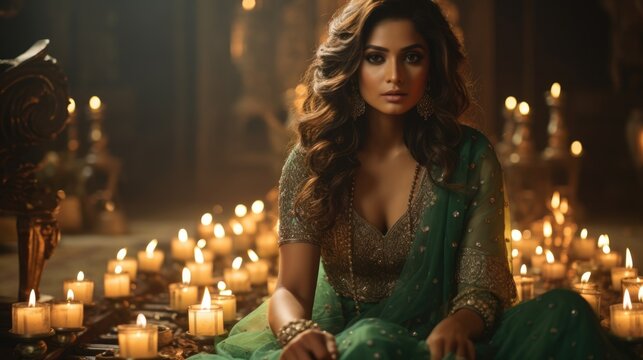 Happy diwali concept - An indian woman in a green dress surrounded by illuminated candles on floor.