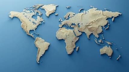 Fototapeta na wymiar A world map displayed against a solid blue background