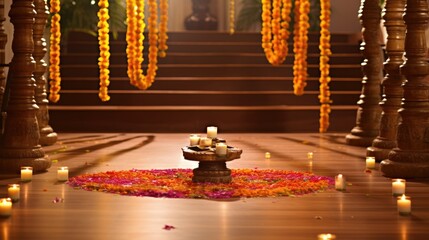 Happy Diwali Celebration Concept, Illuminated candles with flower decoration on floor in fornt of stair view in room.