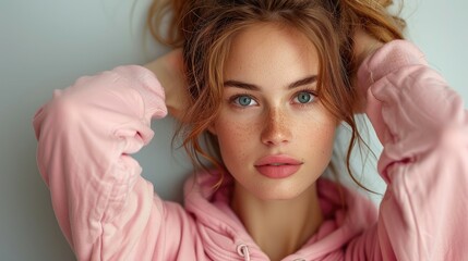 Fototapeta premium Youthful woman with freckles wearing pink hoodie and glasses.