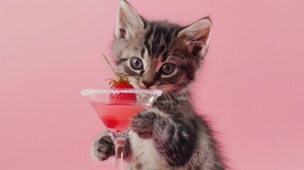 A stylish kitten wearing a bow tie holds a cocktail on a pink background